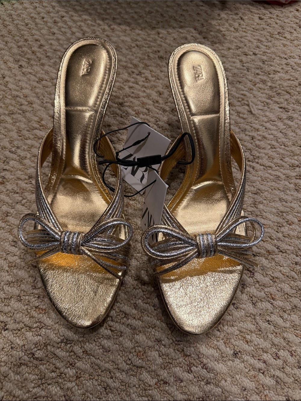 Zara Metallic Gold Bow-Accent Slip-On Heels - Women's